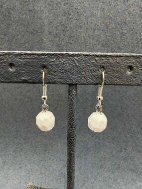 Drop Dangle Pierced Earrings 1 In Faceted White Bead Silver Retro Classic Chic
